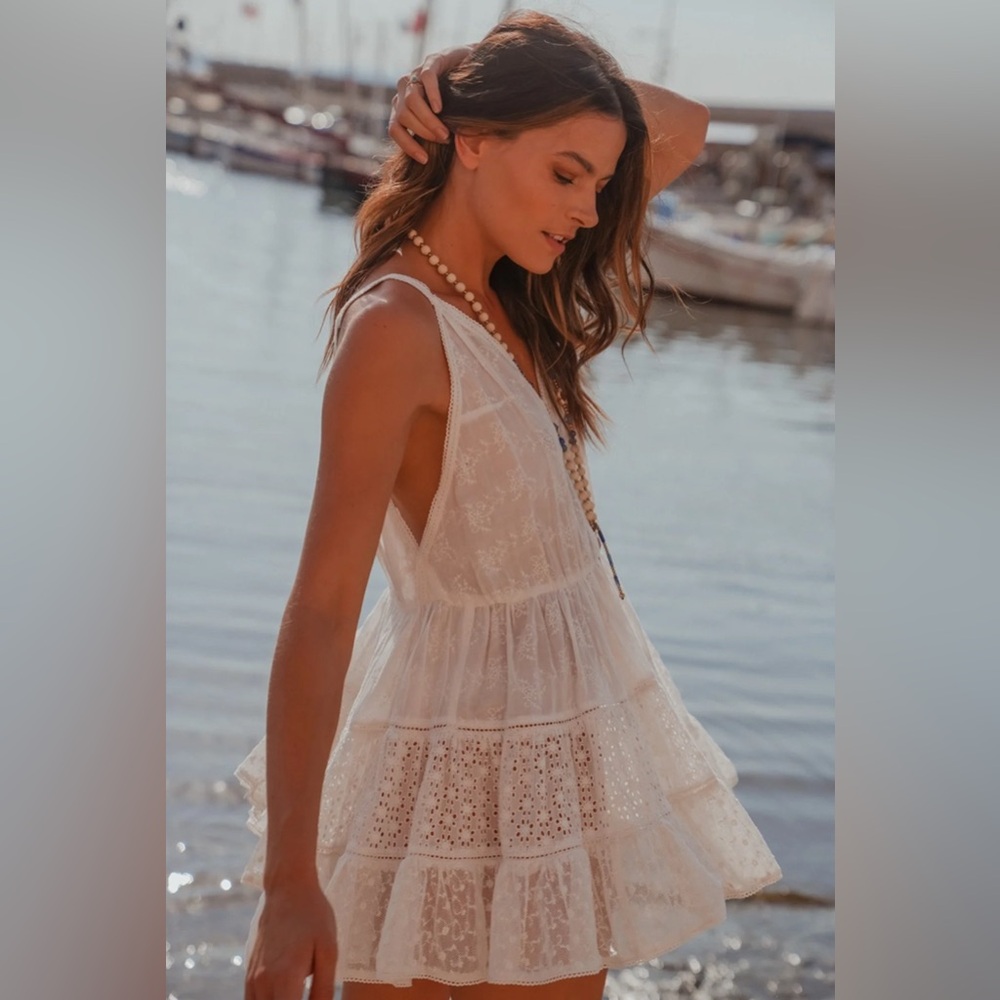 Sunday Saint Tropez White Cotton Eyelet Babydoll Dress One Size Coquette Boho